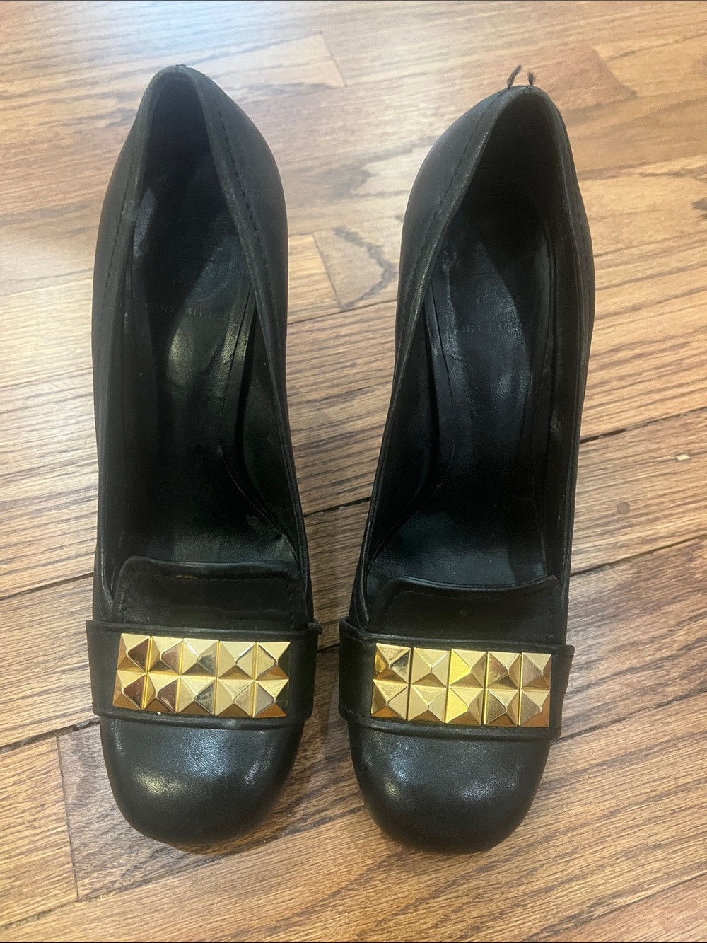 Tory Burch Black Leather Heels with Gold Pyramid Studs